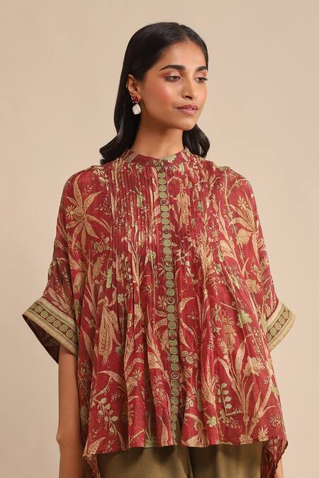 Ritu Kumar_Red Cotton, Silk Embroidery Mandarin Collar Botanical Print Tunic_at_Aza_Fashions