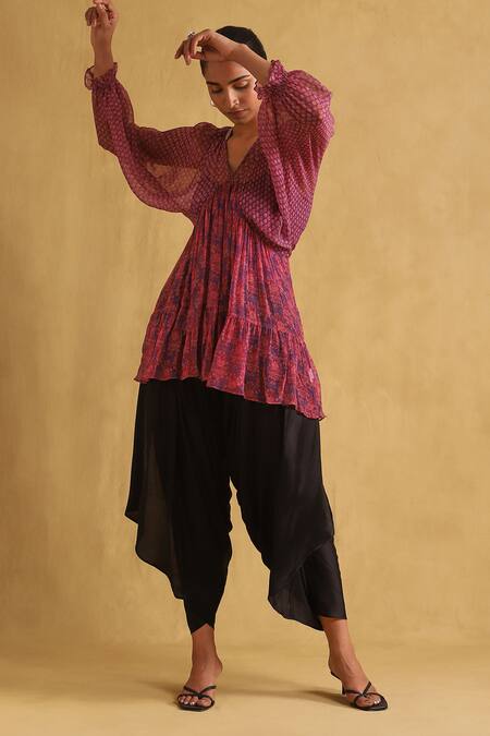 Ritu Kumar_Purple Viscose Embroidery Open Neck Floral Print Gathered Tunic_Online_at_Aza_Fashions