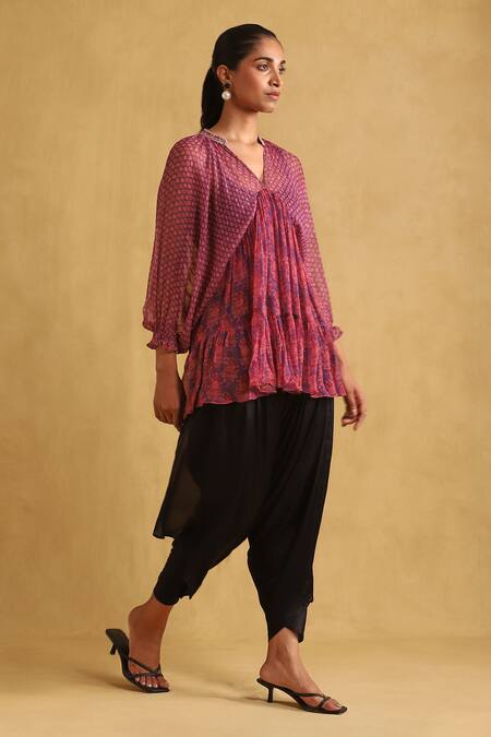 Buy_Ritu Kumar_Purple Viscose Embroidery Open Neck Floral Print Gathered Tunic_Online_at_Aza_Fashions