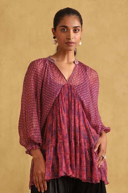 Shop_Ritu Kumar_Purple Viscose Embroidery Open Neck Floral Print Gathered Tunic_Online_at_Aza_Fashions