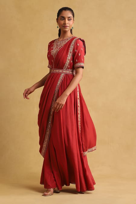 Ritu Kumar_Orange Viscose Embroidery Floral Draped Saree Gown _Online_at_Aza_Fashions