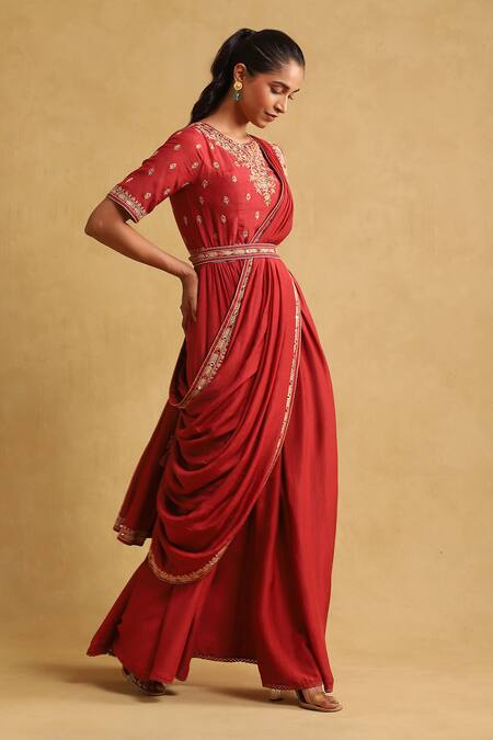 Shop_Ritu Kumar_Orange Viscose Embroidery Floral Draped Saree Gown _Online_at_Aza_Fashions