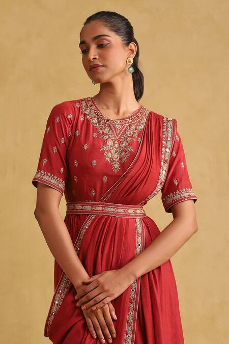 Ritu Kumar_Orange Viscose Embroidery Floral Draped Saree Gown _at_Aza_Fashions