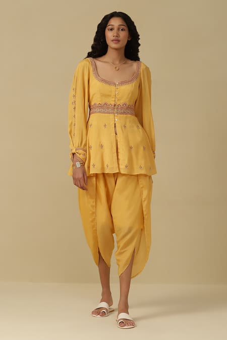 Buy Yellow Polyester Embroidered Floral Scoop Kurta And Dhoti Pant