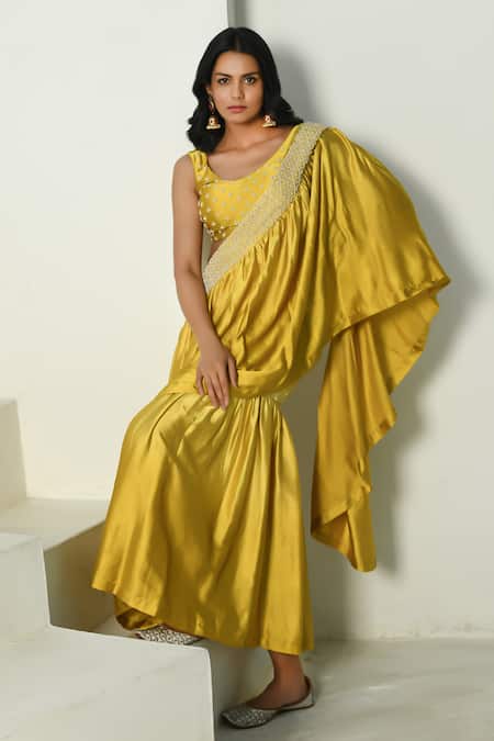 NUHH Yellow Satin Embroidered Mermaid Pre Draped Ruffle Saree With Blouse 