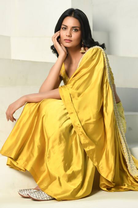 NUHH Yellow Satin Pearls Round Neck Mermaid Pre Draped Ruffle Saree With Blouse Online at Aza Fashions NUHH_Yellow Satin Pearls Round Neck Mermaid Pre Draped Ruffle Saree With Blouse _Online_at_Aza_Fashions