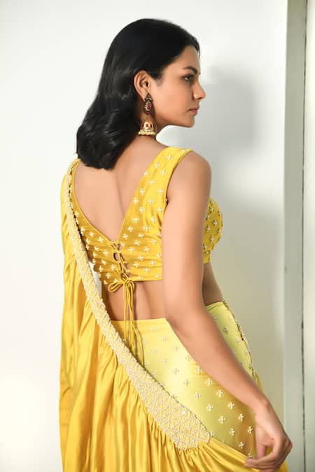 Shop NUHH Yellow Satin Pearls Round Neck Mermaid Pre Draped Ruffle Saree With Blouse Online at Aza Fashions Shop_NUHH_Yellow Satin Pearls Round Neck Mermaid Pre Draped Ruffle Saree With Blouse _Online_at_Aza_Fashions