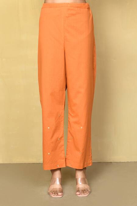 Naintara Bajaj_Orange Pure Cotton Embroidery Zari Lily V Neck Work Angarkha Kurta Pant Set_Online_at_Aza_Fashions