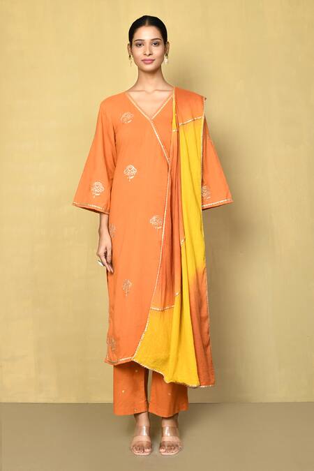 Shop_Naintara Bajaj_Orange Pure Cotton Embroidery Zari Lily V Neck Work Angarkha Kurta Pant Set_Online_at_Aza_Fashions