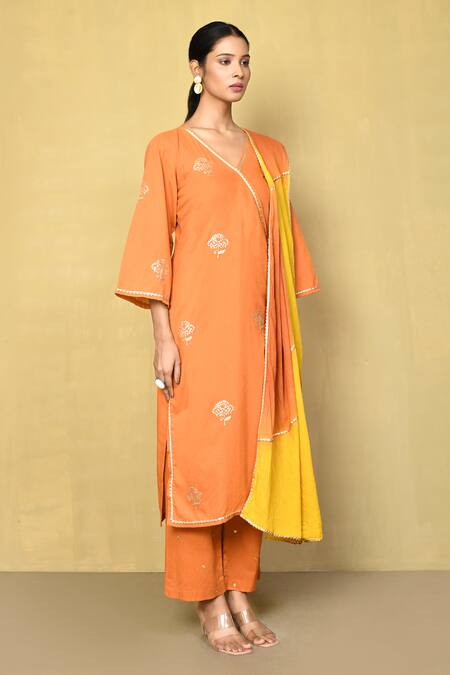 Naintara Bajaj_Orange Pure Cotton Embroidery Zari Lily V Neck Work Angarkha Kurta Pant Set_at_Aza_Fashions