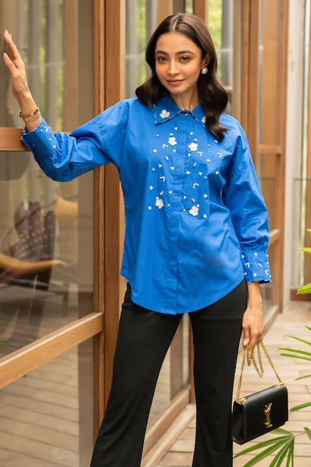 House of Dreams Blue Cotton Poplin Embellished Rhinestones Shirt Collar  