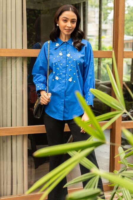 House Of Dreams Blue , Satin Sequins, Rhinestones Collared Embellished Shirt Online at Aza Fashions House Of Dreams_Blue , Satin Sequins, Rhinestones Collared Embellished Shirt_Online_at_Aza_Fashions