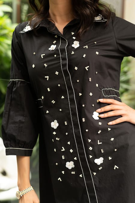 Buy_House Of Dreams_Black Cotton, Poplin Rhinestones, Sequins Shawl Neck, Collared Embellished Dress_Online_at_Aza_Fashions