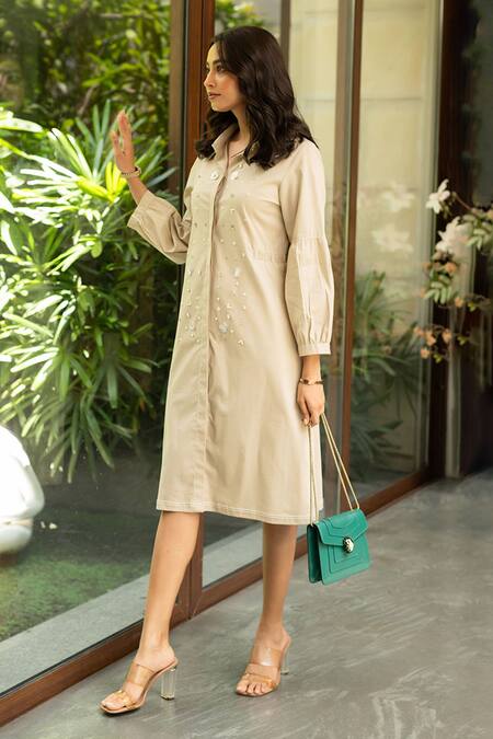 House Of Dreams Beige Cotton Rhinestones, Sequins Collared Pearl Embellished Dress Online at Aza Fashions House Of Dreams_Beige Cotton Rhinestones, Sequins Collared Pearl Embellished Dress_Online_at_Aza_Fashions