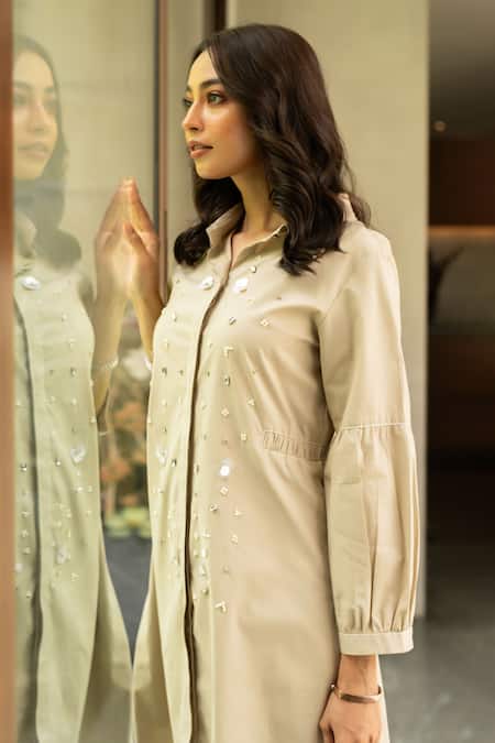 House Of Dreams Beige Cotton Rhinestones, Sequins Collared Pearl Embellished Dress at Aza Fashions House Of Dreams_Beige Cotton Rhinestones, Sequins Collared Pearl Embellished Dress_at_Aza_Fashions