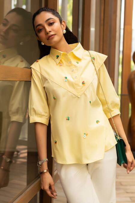 House Of Dreams_Yellow , Satin Sequins Shawl Neck, Clustered Embellished Shirt_Online_at_Aza_Fashions