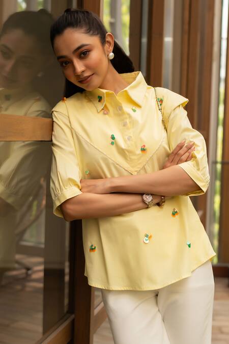 Buy_House Of Dreams_Yellow , Satin Sequins Shawl Neck, Clustered Embellished Shirt_Online_at_Aza_Fashions