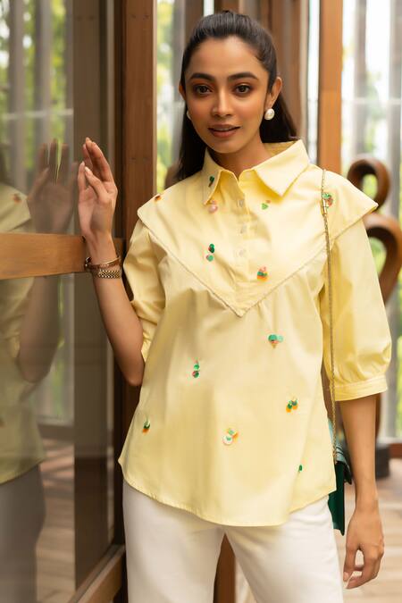 Shop_House Of Dreams_Yellow , Satin Sequins Shawl Neck, Clustered Embellished Shirt_Online_at_Aza_Fashions