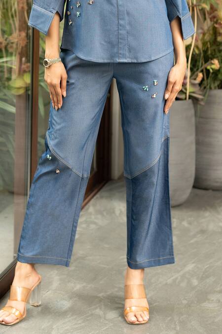 Buy House Of Dreams Blue Denim Rhinestones Shawl Neck Embellished Placement Shirt With Pant Online at Aza Fashions Buy_House Of Dreams_Blue Denim Rhinestones Shawl Neck Embellished Placement Shirt With Pant_Online_at_Aza_Fashions