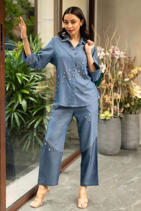 House Of Dreams Blue Denim Rhinestones Shawl Neck Embellished Placement Shirt With Pant at Aza Fashions House Of Dreams_Blue Denim Rhinestones Shawl Neck Embellished Placement Shirt With Pant_at_Aza_Fashions