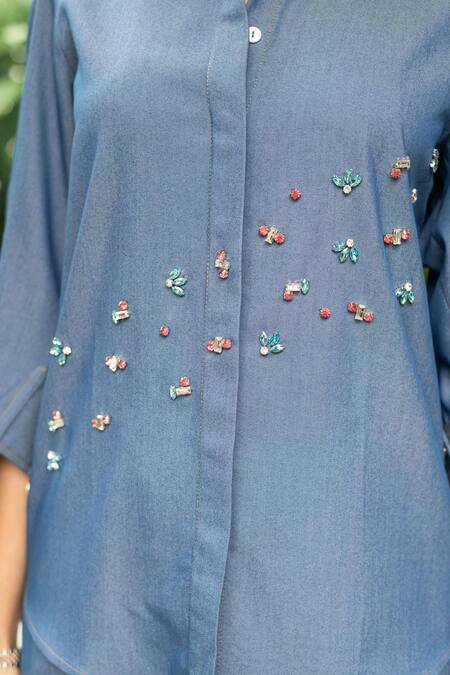 Buy House Of Dreams Blue Denim Rhinestones Shawl Neck Embellished Placement Shirt With Pant Buy_House Of Dreams_Blue Denim Rhinestones Shawl Neck Embellished Placement Shirt With Pant