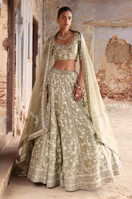 Buy Green Dupion Silk Embroidered Mirror Heena Gota Bridal Lehenga Set For  Women by labelMayaa Online at Aza Fashions.