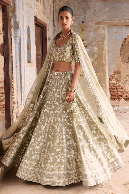 Shop Labelmayaa Green Denim, Silk, Organza Mirrors, Gota Patti, Heena Bridal Lehenga Set at Aza Fashions Shop_Labelmayaa_Green Denim, Silk, Organza Mirrors, Gota Patti, Heena Bridal Lehenga Set _at_Aza_Fashions