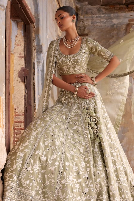 Labelmayaa Green Denim, Silk, Organza Mirrors, Gota Patti, Heena Bridal Lehenga Set Online at Aza Fashions Labelmayaa_Green Denim, Silk, Organza Mirrors, Gota Patti, Heena Bridal Lehenga Set _Online_at_Aza_Fashions
