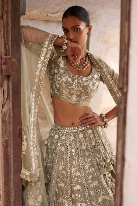Buy Labelmayaa Green Denim, Silk, Organza Mirrors, Gota Patti, Heena Bridal Lehenga Set Online at Aza Fashions Buy_Labelmayaa_Green Denim, Silk, Organza Mirrors, Gota Patti, Heena Bridal Lehenga Set _Online_at_Aza_Fashions