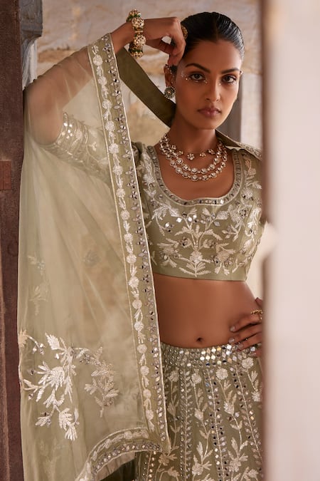 Shop Labelmayaa Green Denim, Silk, Organza Mirrors, Gota Patti, Heena Bridal Lehenga Set Online at Aza Fashions Shop_Labelmayaa_Green Denim, Silk, Organza Mirrors, Gota Patti, Heena Bridal Lehenga Set _Online_at_Aza_Fashions