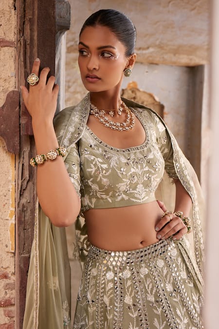 Labelmayaa Green Denim, Silk, Organza Mirrors, Gota Patti, Heena Bridal Lehenga Set at Aza Fashions Labelmayaa_Green Denim, Silk, Organza Mirrors, Gota Patti, Heena Bridal Lehenga Set _at_Aza_Fashions