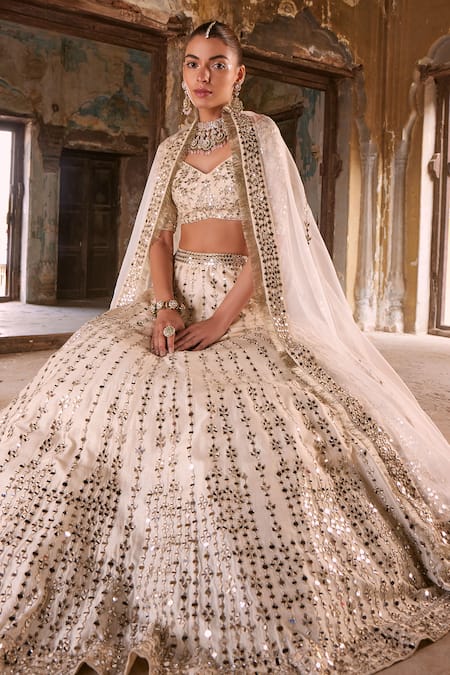 Labelmayaa_Beige Silk, Organza Embroidery, Mirrors Sweetheart Aisha Bridal Lehenga Set _Online_at_Aza_Fashions