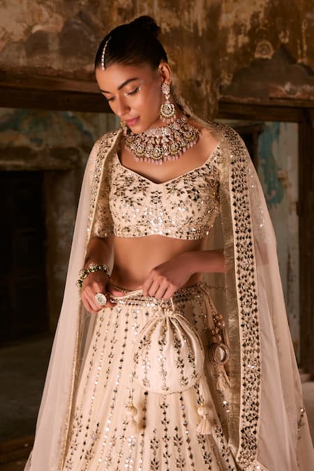 Shop_Labelmayaa_Beige Silk, Organza Embroidery, Mirrors Sweetheart Aisha Bridal Lehenga Set _Online_at_Aza_Fashions