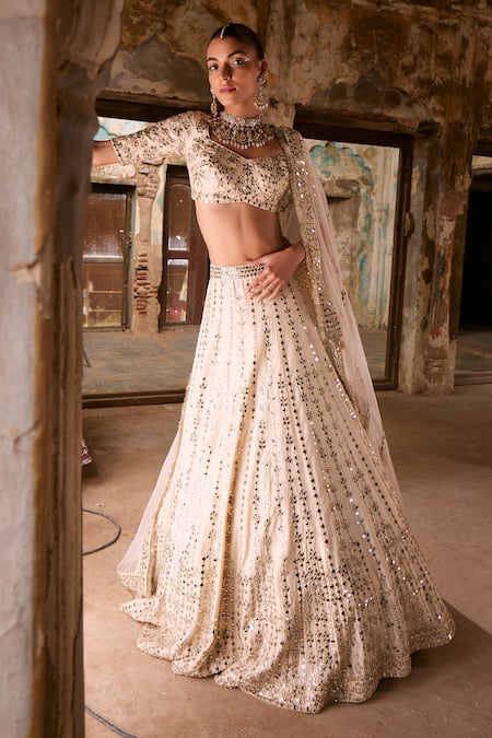 Labelmayaa_Beige Silk, Organza Embroidery, Mirrors Sweetheart Aisha Bridal Lehenga Set _at_Aza_Fashions