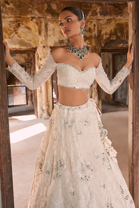 Buy_Labelmayaa_Ivory Organza Embroidery, Mirrors, Gota Patti Off-shoulder, Heer Lehenga Set _Online_at_Aza_Fashions
