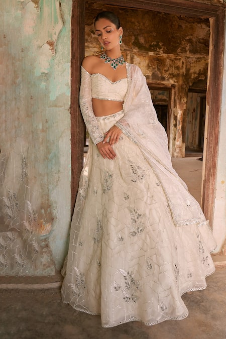 Shop_Labelmayaa_Ivory Organza Embroidery, Mirrors, Gota Patti Off-shoulder, Heer Lehenga Set _Online_at_Aza_Fashions