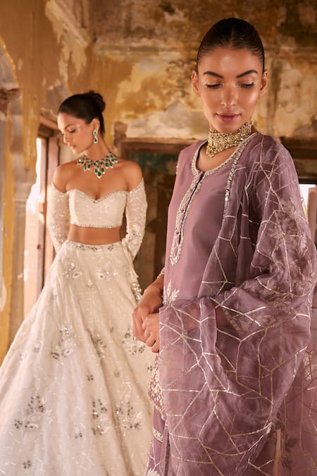 Labelmayaa_Ivory Organza Embroidery, Mirrors, Gota Patti Off-shoulder, Heer Lehenga Set _at_Aza_Fashions
