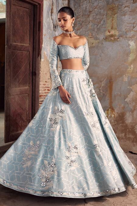 Labelmayaa_Blue Organza Mirrors, Gota Patti, Embroidery Heer Work Lehenga Set _Online_at_Aza_Fashions
