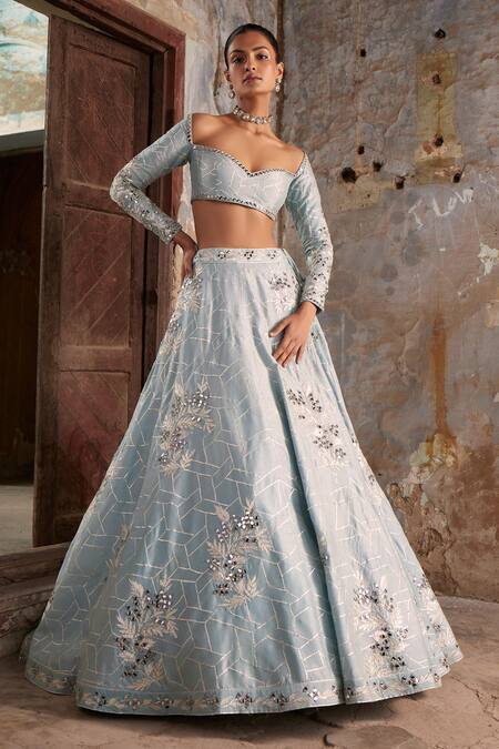 Shop_Labelmayaa_Blue Organza Mirrors, Gota Patti, Embroidery Heer Work Lehenga Set _Online_at_Aza_Fashions