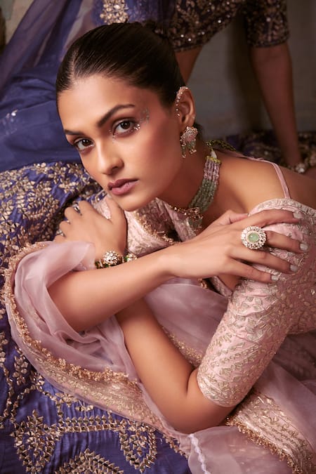 Labelmayaa_Pink Silk, Organza Mirrors, Gota Patti, Leaf Embroidered Bridal Lehenga Set _Online_at_Aza_Fashions