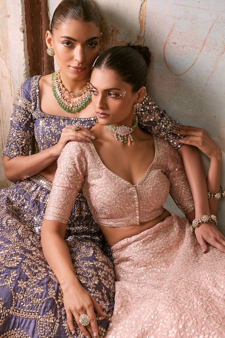 Buy_Labelmayaa_Pink Silk, Organza Mirrors, Gota Patti, Leaf Embroidered Bridal Lehenga Set _Online_at_Aza_Fashions