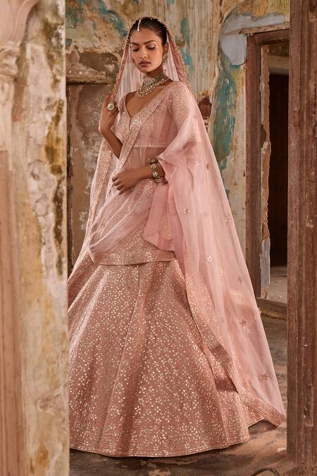 Shop_Labelmayaa_Pink Silk, Organza Mirrors, Gota Patti, Leaf Embroidered Bridal Lehenga Set _Online_at_Aza_Fashions