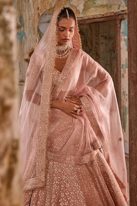 Labelmayaa_Pink Silk, Organza Mirrors, Gota Patti, Leaf Embroidered Bridal Lehenga Set _at_Aza_Fashions