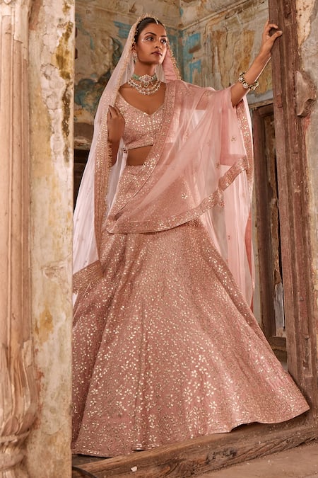Buy_Labelmayaa_Pink Silk, Organza Mirrors, Gota Patti, Leaf Embroidered Bridal Lehenga Set 