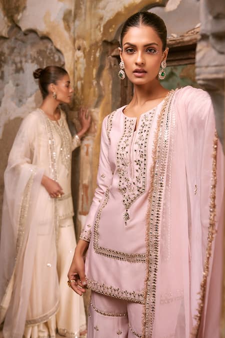 Shop_Labelmayaa_Pink Chanderi, Organza Embroidery, Mirrors, Zari, Gota Patti Noor Kurta Set _Online_at_Aza_Fashions