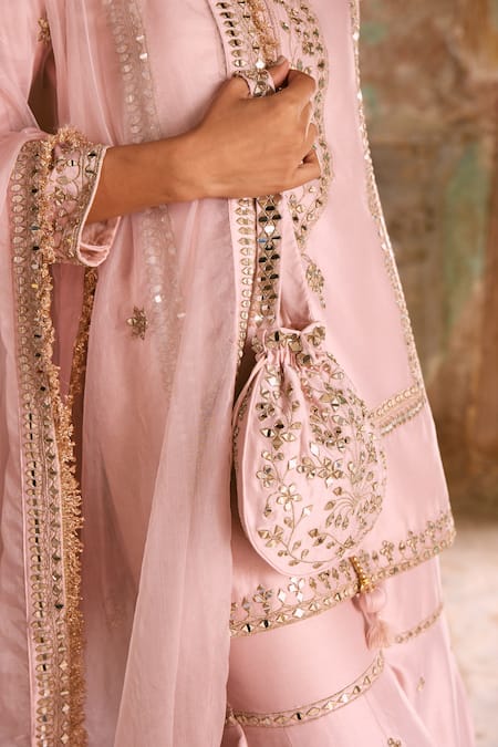 Labelmayaa_Pink Chanderi, Organza Embroidery, Mirrors, Zari, Gota Patti Noor Kurta Set _at_Aza_Fashions