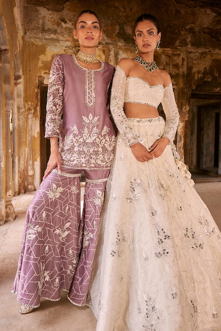 Buy_Labelmayaa_Purple Chanderi, Organza Gota Patti, Mirrors, Embroidery Heer Kurta Sharara Set _Online_at_Aza_Fashions