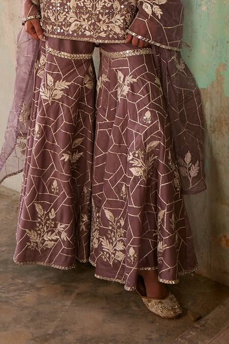 Shop_Labelmayaa_Purple Chanderi, Organza Gota Patti, Mirrors, Embroidery Heer Kurta Sharara Set _Online_at_Aza_Fashions