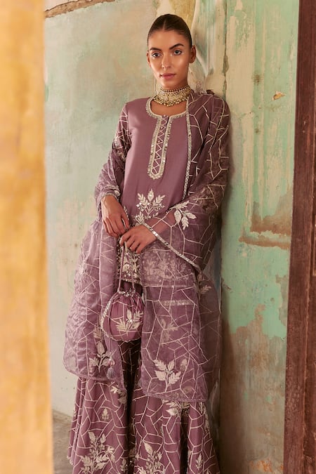 Labelmayaa_Purple Chanderi, Organza Gota Patti, Mirrors, Embroidery Heer Kurta Sharara Set _at_Aza_Fashions