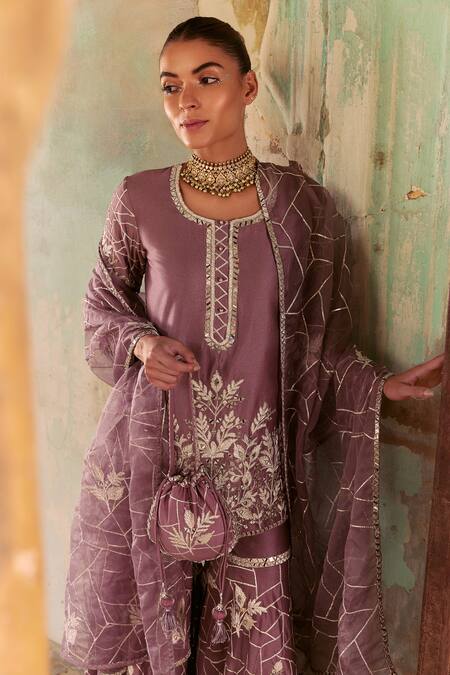 Buy_Labelmayaa_Purple Chanderi, Organza Gota Patti, Mirrors, Embroidery Heer Kurta Sharara Set 